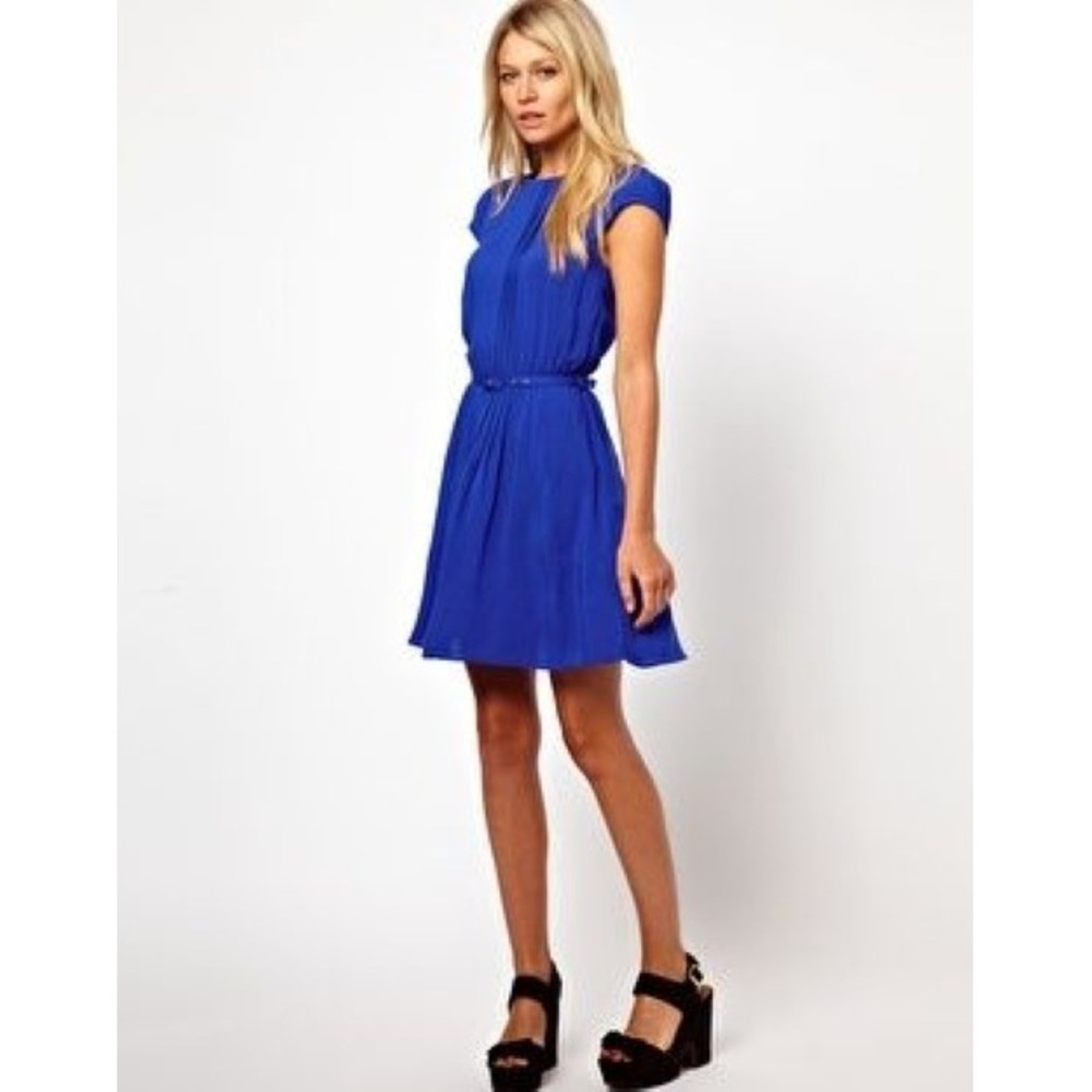 ASOS 6 Blue Pleated Mini Dress Short Sleeve‎ Belted Fit & Flare Coquette Cute
